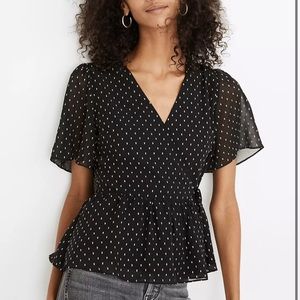 Madewell Black Flutter Sleeve Dot Wrap Peplum Blouse